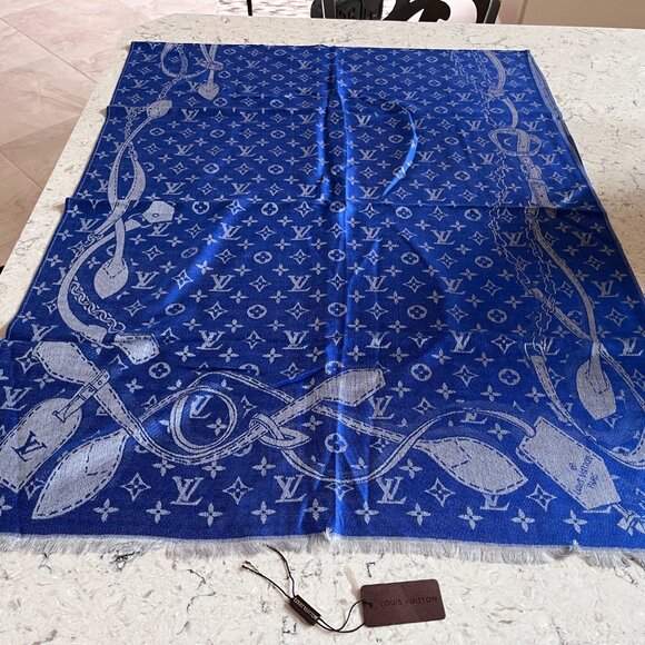 LV WOOL AND CASHMERE SCARF - BLUE AND GREY - RECTANGLE - VERY PRETTY - BRAND NEW - Picture 3 of 15